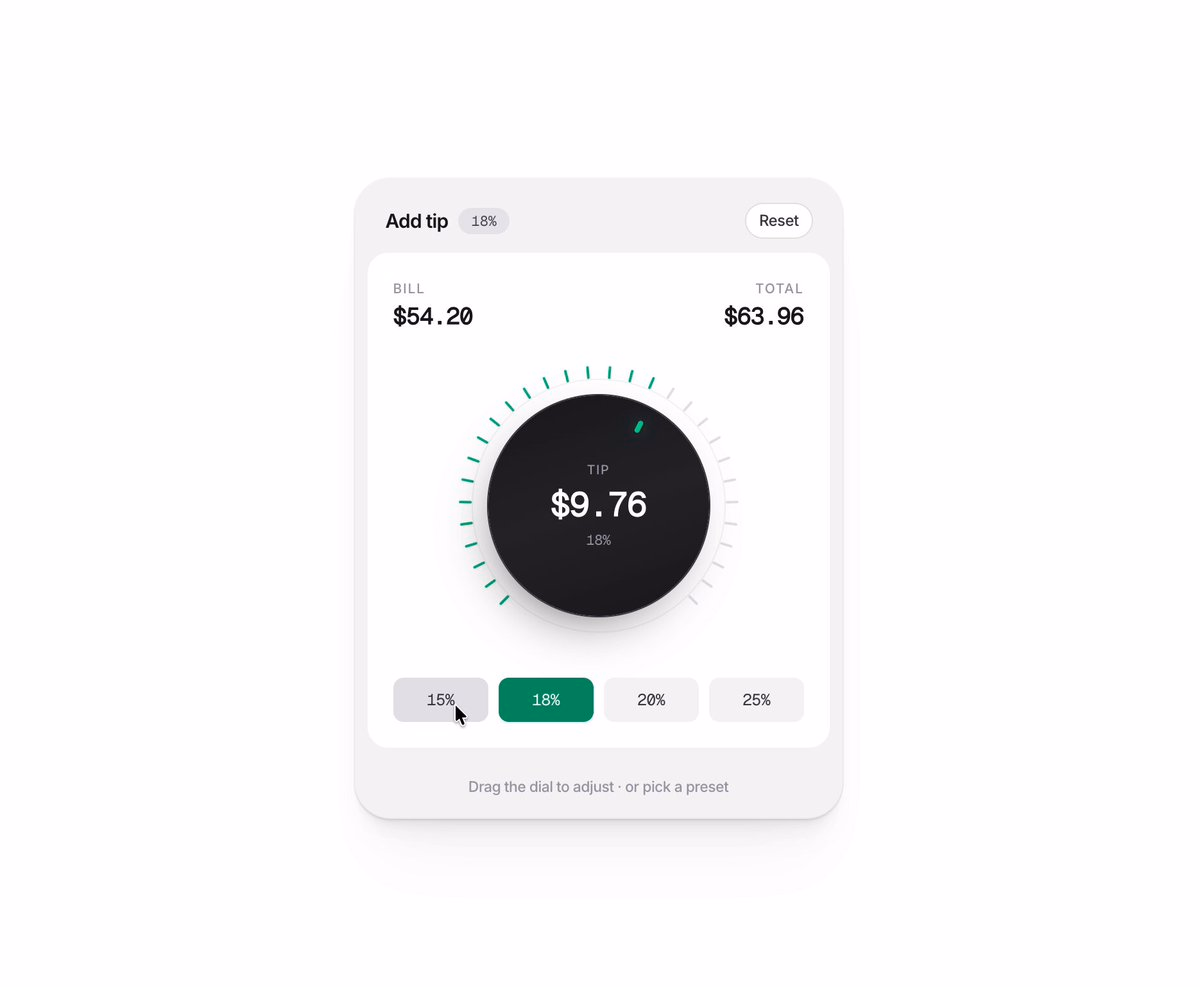 Tipping calculator component, tap on a percent or turn the dial designed in @pap…