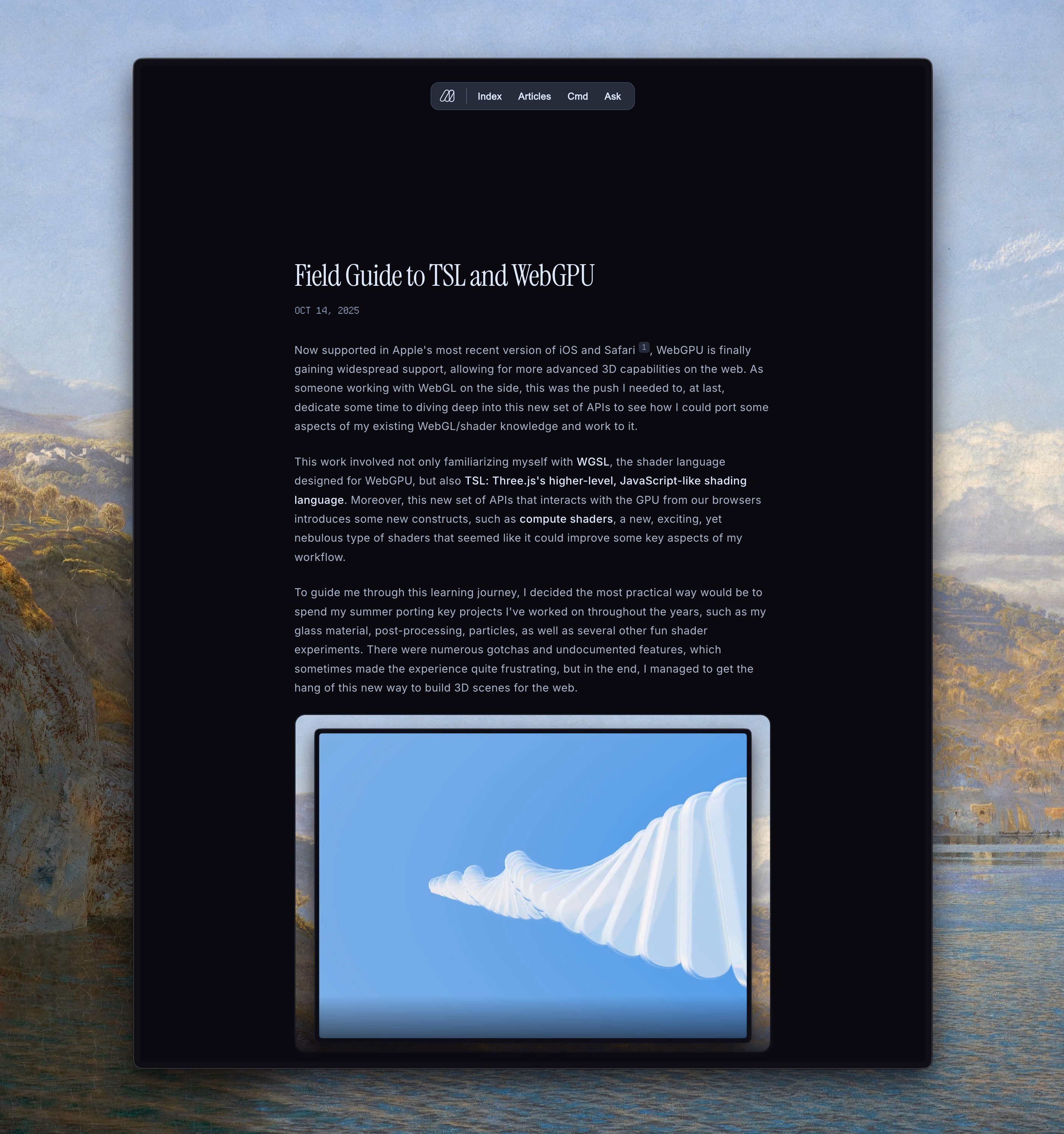 Learned and built a lot with TSL and WebGPU over the summer Looking... - Maxime