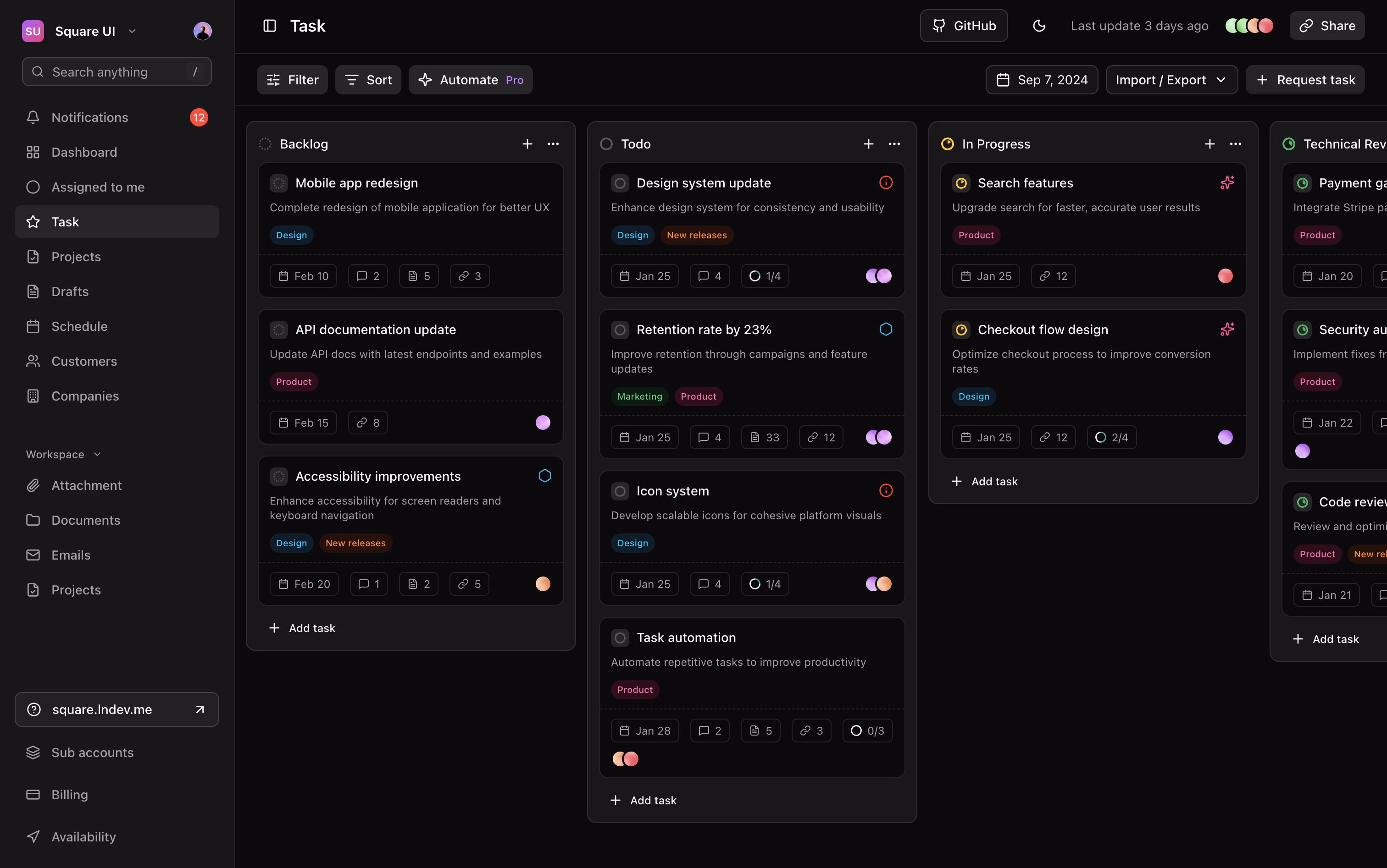 Task management layout built with @shadcn GitHub: https://github.co... - LN
