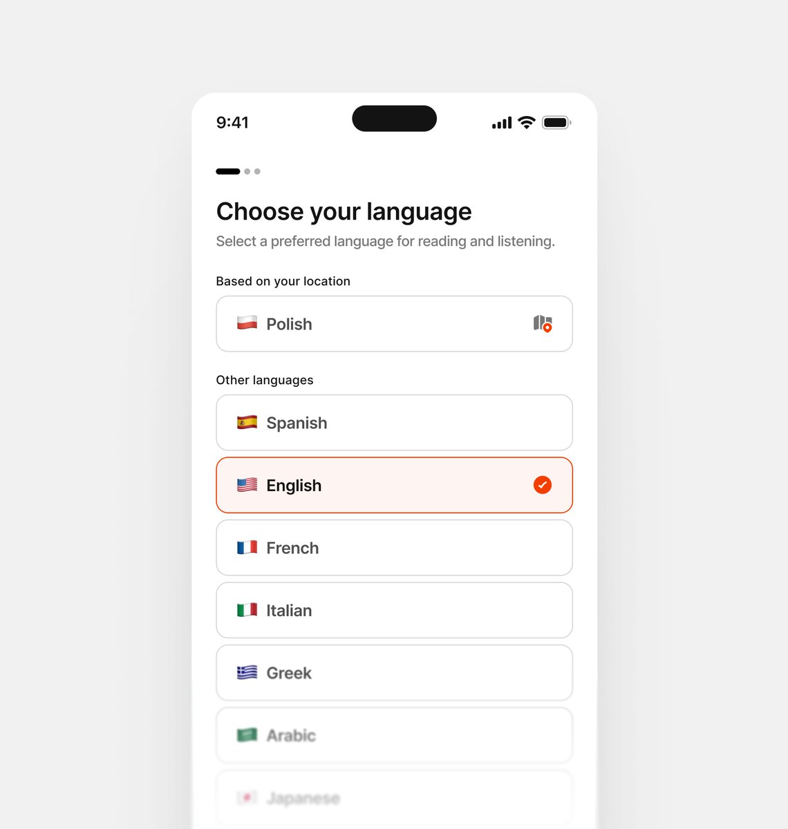 Onboarding step 1/3: Choose your language screen! - Phil ✦ Design