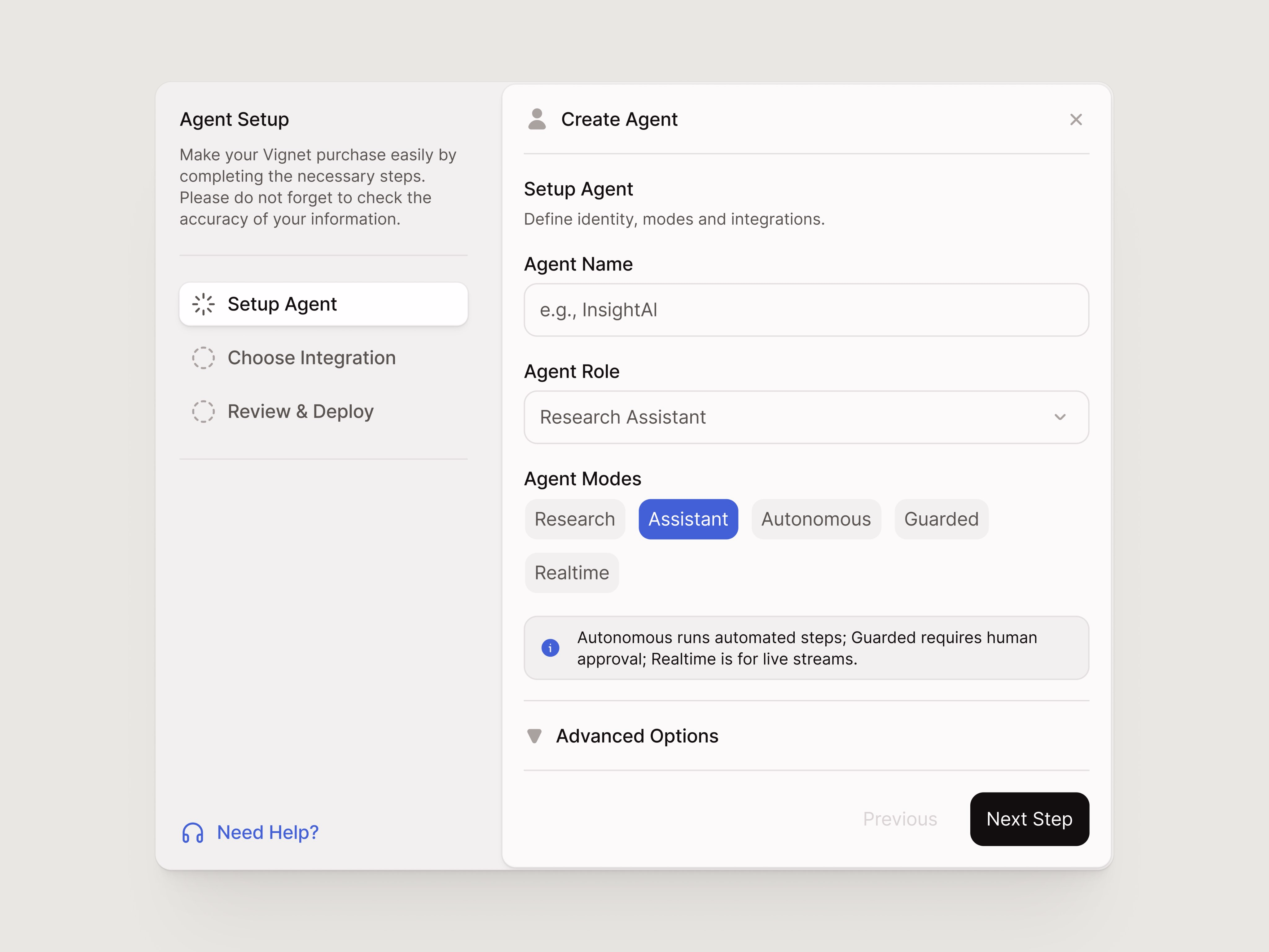 Agent creation modal - Halil