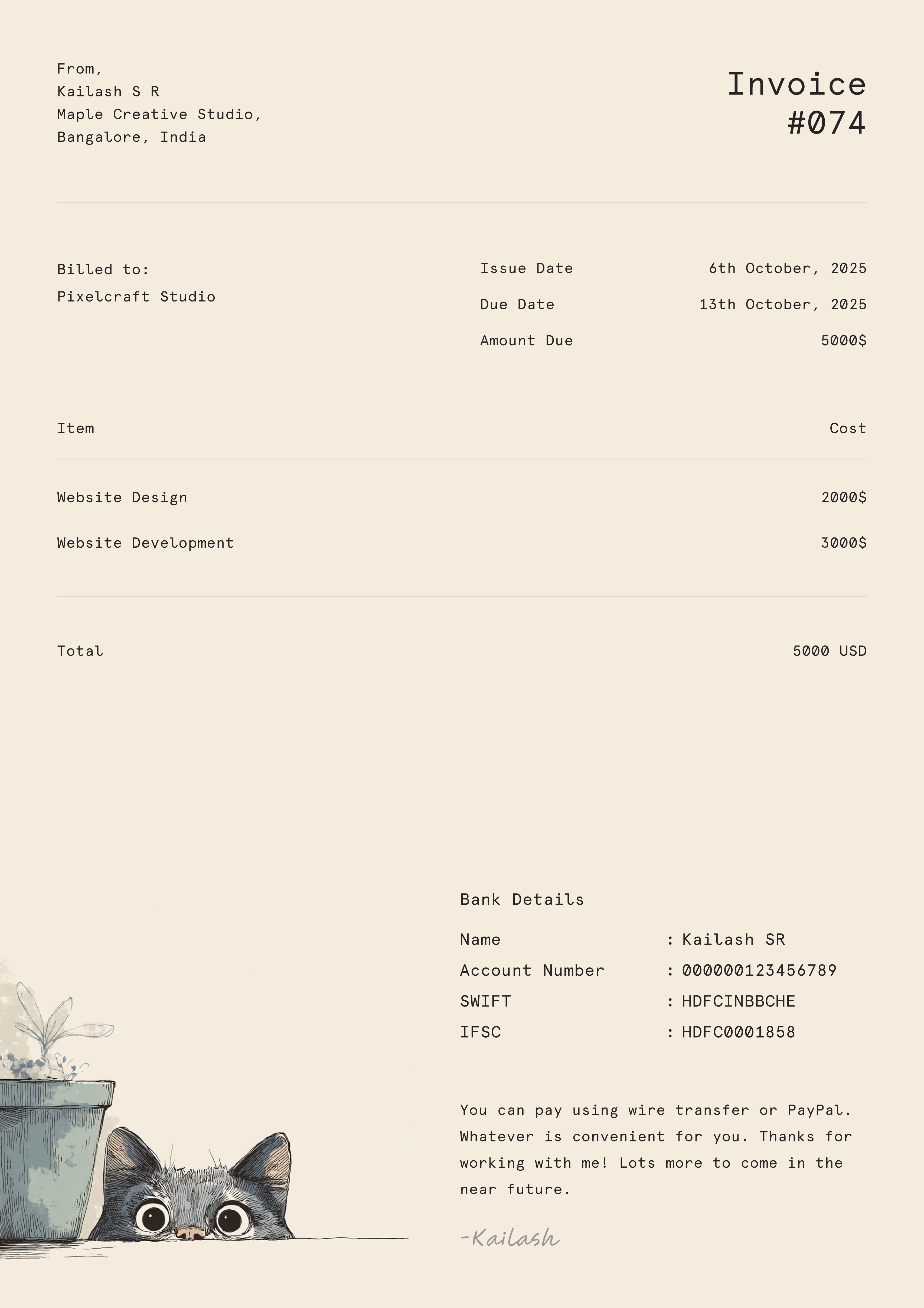 Someone asked for a cat on an invoice. - Kailash