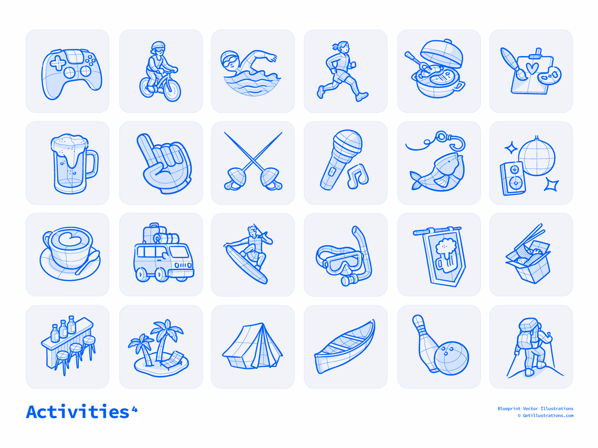 Activities icons and illustrations set from blueprint collection is... - Ramy Wafaa