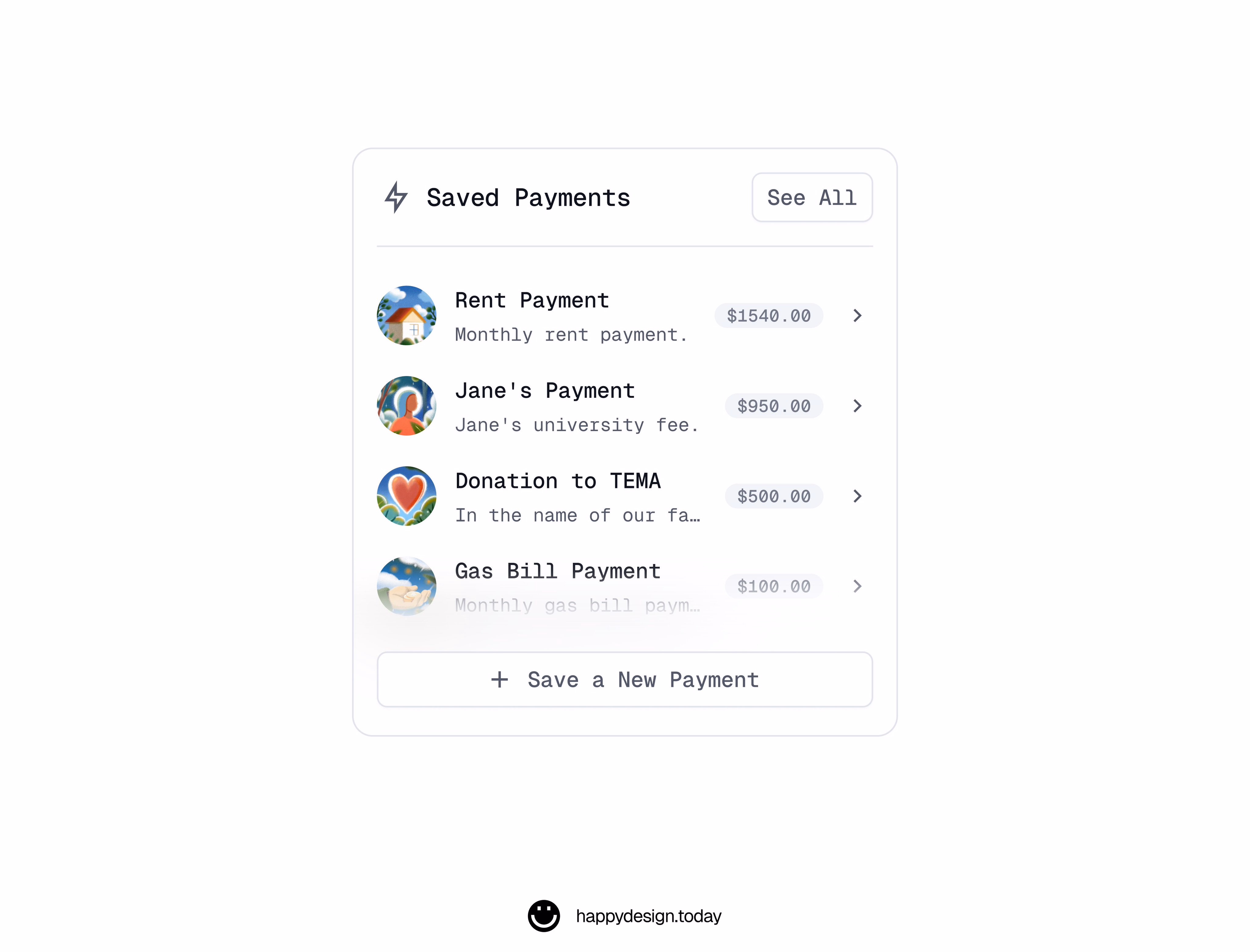 Saved payments interface for recurring transactions - Jan · HappyDesign
