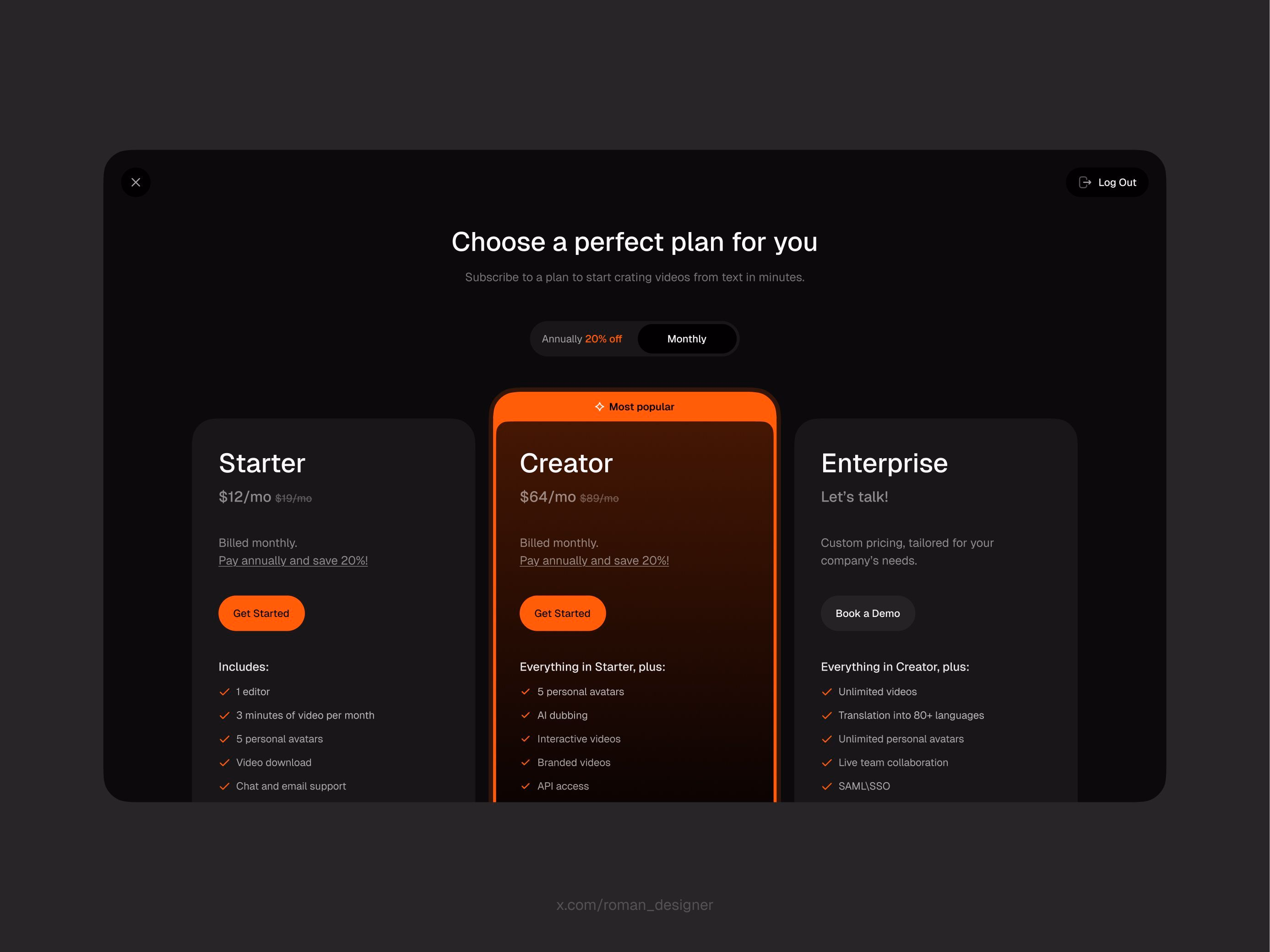 Pricing in dark mode. - Roman