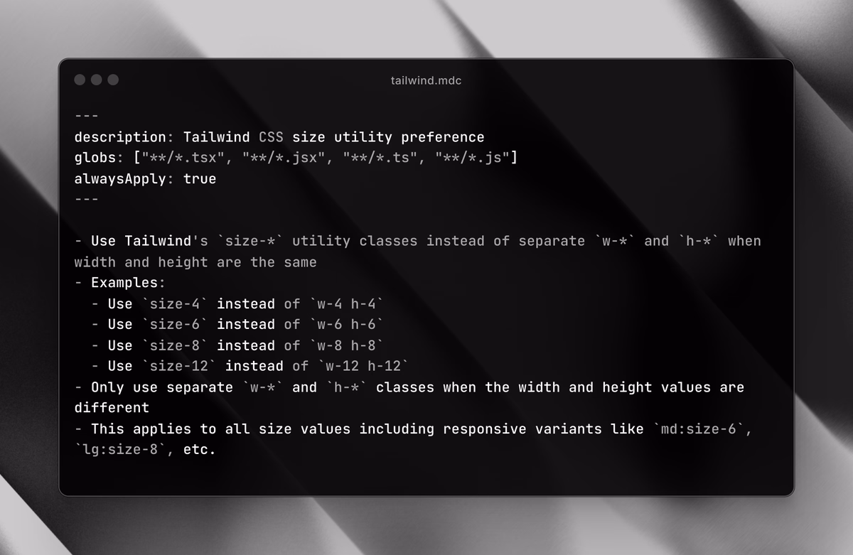 One of my most used Cursor Rules: Use size-* instead of w- and h- - Pontus Abrahamsson — oss/acc