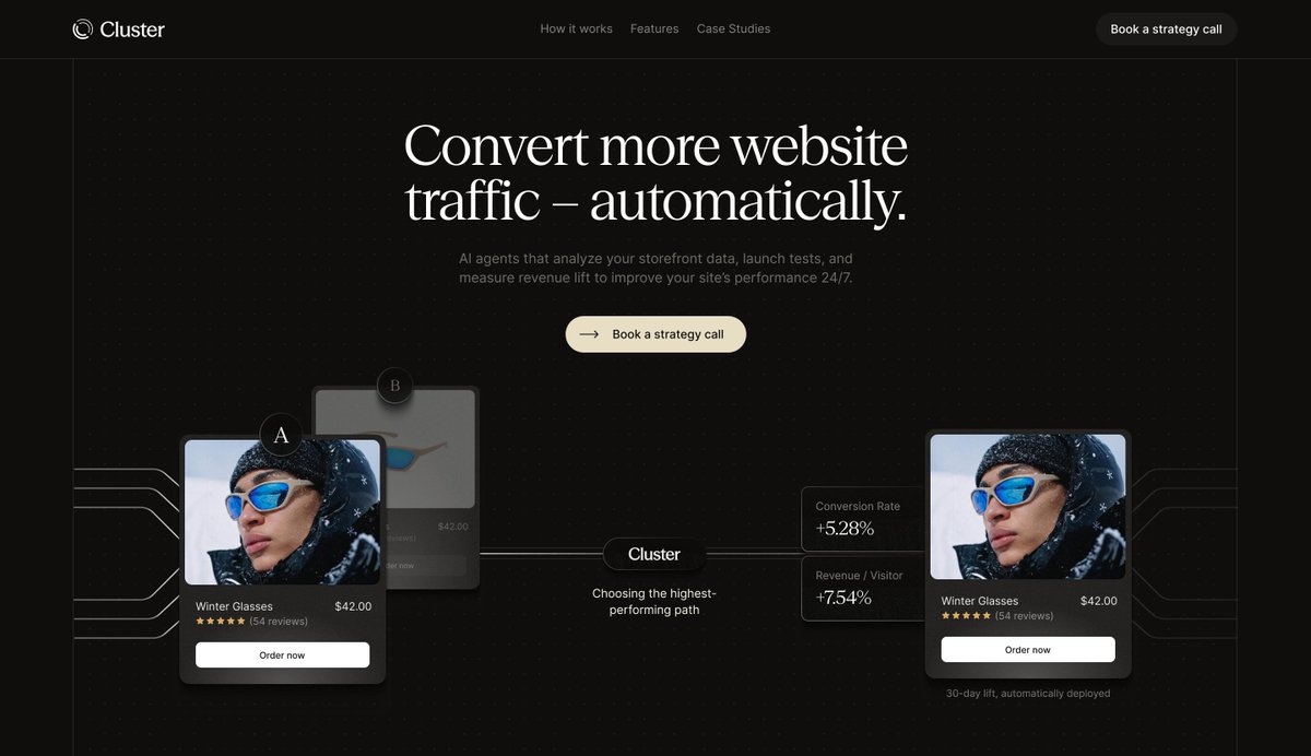 a brand new website for Cluster – AI powered testing tool for Shopi... - Kuba 