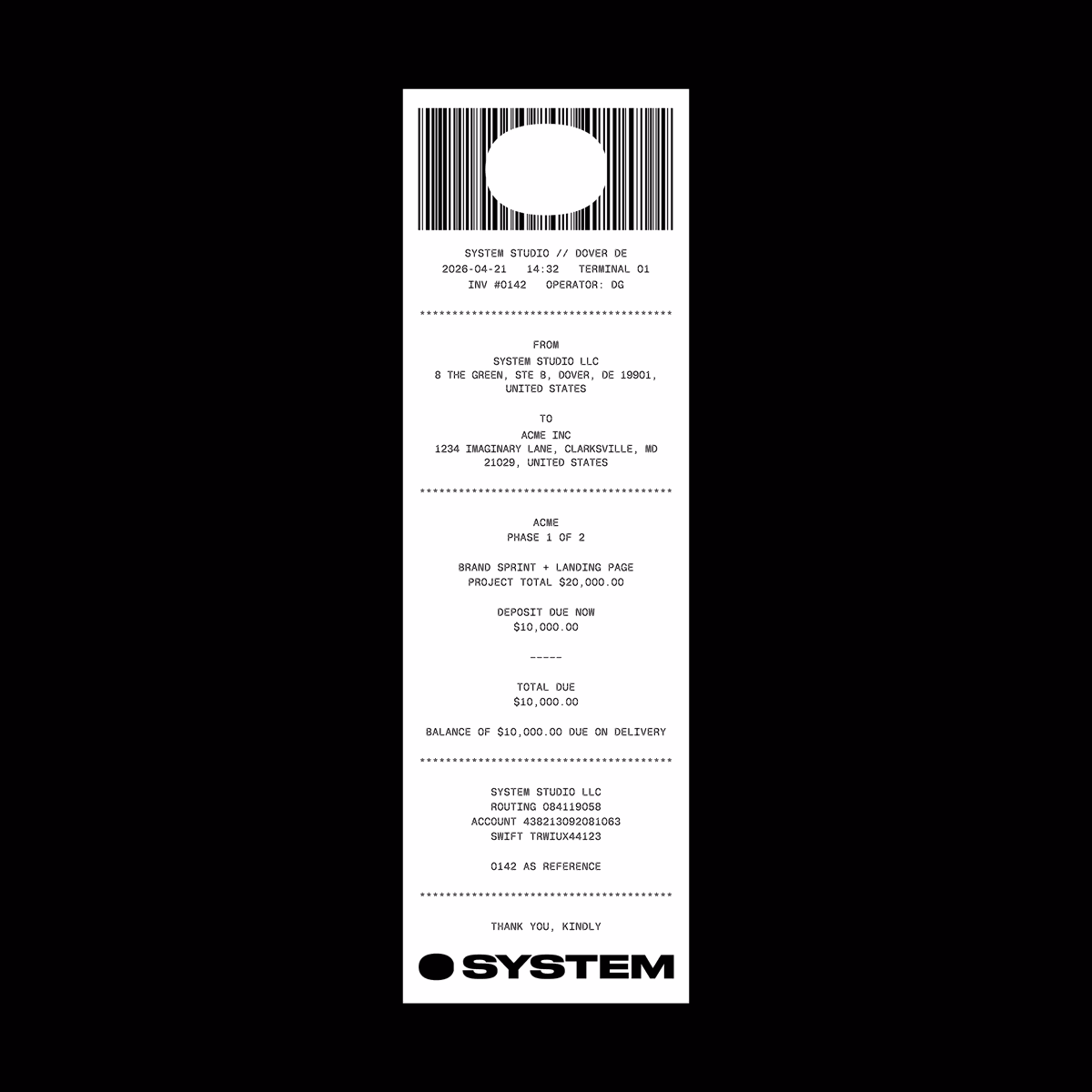 A receipt-style branding poster turns an invoice into a stark monoc... - Daryl Ginn