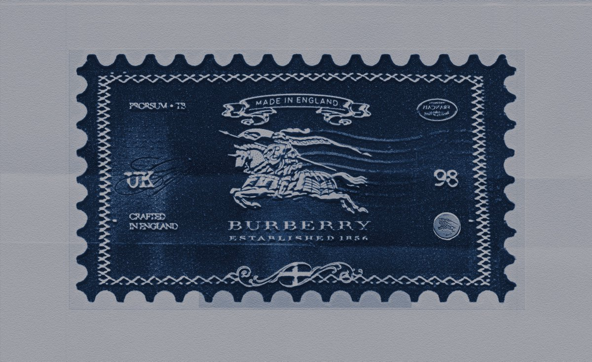A vintage Burberry stamp graphic with ornate borders, crest details... - Sung - UI design by @sungvisuals on X
