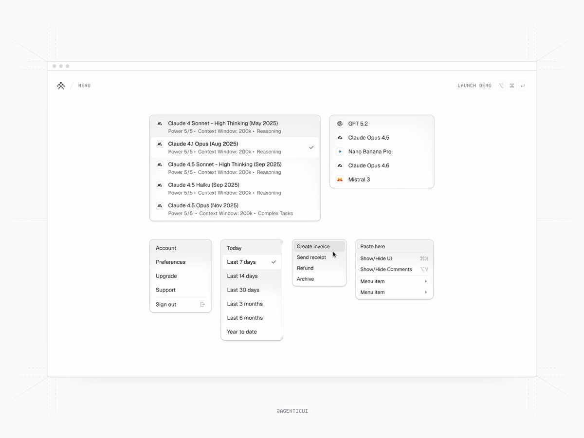 Agentic menu component . w/ @AgenticUi - Alex