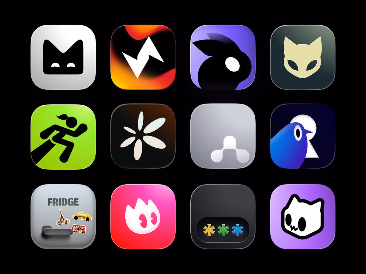 A polished grid of app icon concepts combines mascots, gradients, a... - Katya N.