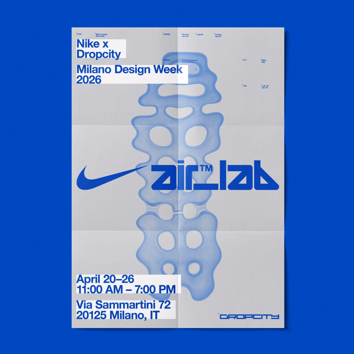 A bold Nike x Dropcity design week poster system in blue and white... - Yung AIGA - UI design by @urboib on X