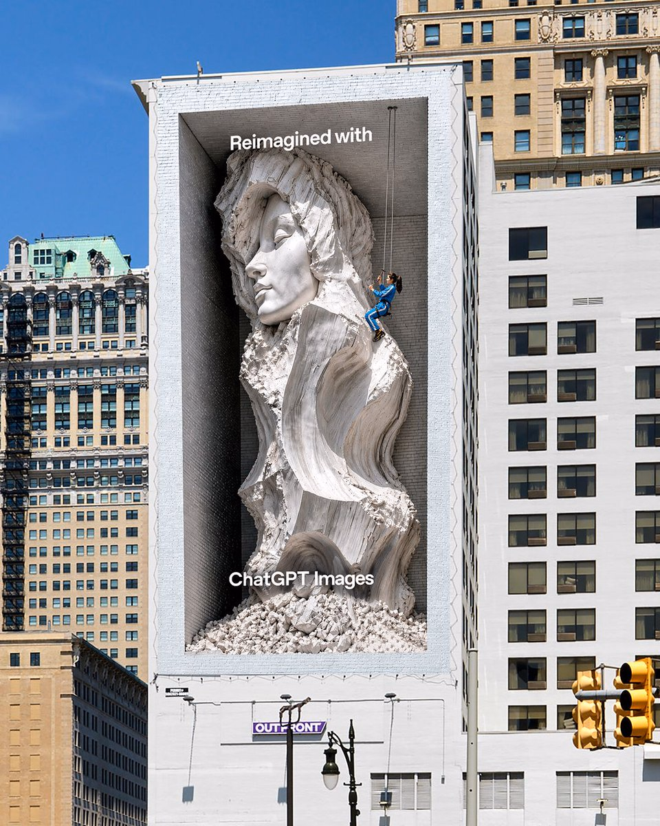 Large outdoor billboards turn city buildings into surreal visual mu... - OpenAI - UI design by @OpenAI on X