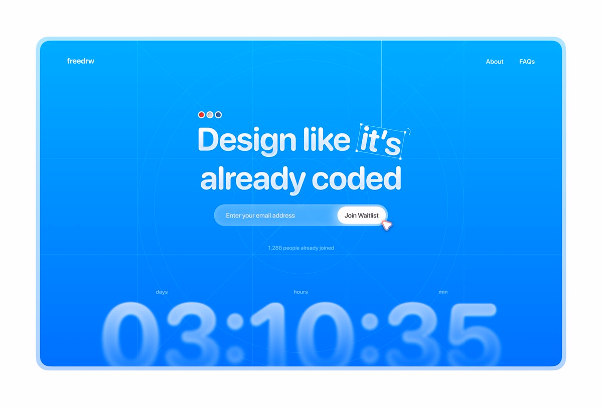 A bold blue waitlist landing page for freedrw featuring a large hea... - Nachi. - UI design by @nachidesigner on X