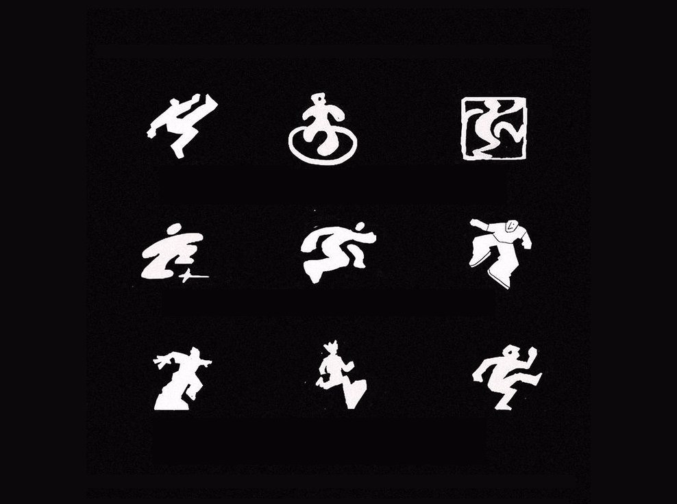 A collection of nine bold gestural pictogram marks depicting dynami... - Dlanid