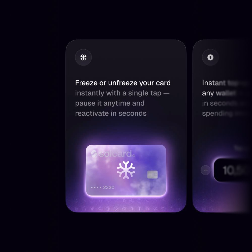 A glowing purple card presentation for Solcard with a sleek frozen-... - Tim Gabe