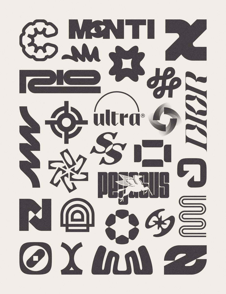A monochrome poster of experimental logo marks and wordforms arrang... - RIO