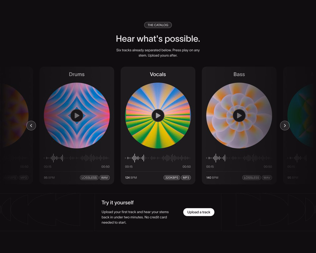 A dark landing page section showcasing colorful audio stem cards wi... - SIDOKU
