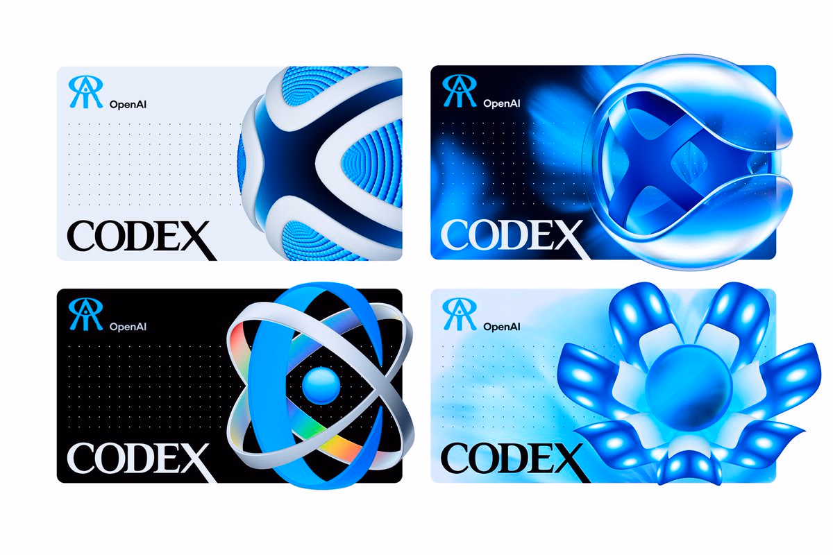 Four imaginary splash screen concepts for OpenAI Codex featuring bo... - Area - UI design by @areatechnology_ on X