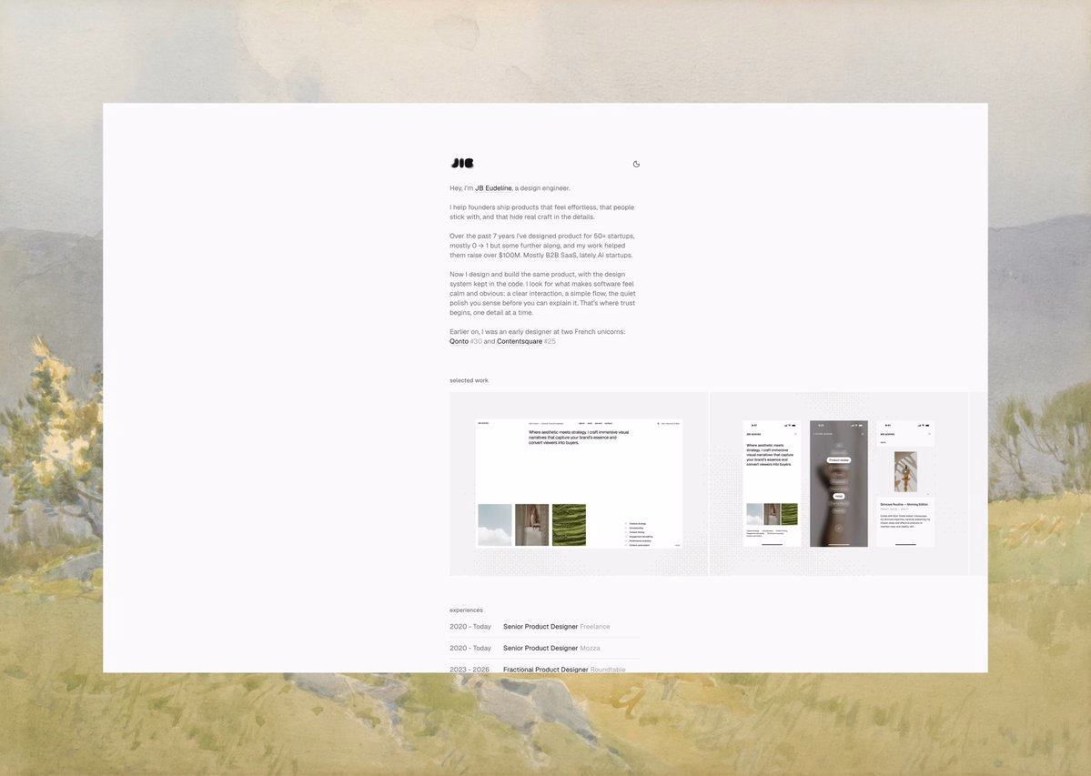 A clean, minimal personal portfolio site for design engineer JB Eud... - Jib