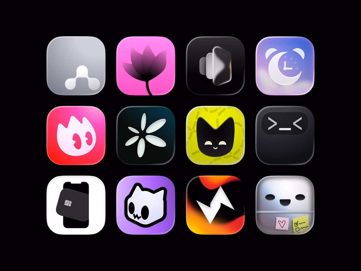 A portfolio showcase of twelve iOS-style app icons by Katya, rangin... - Katya N.