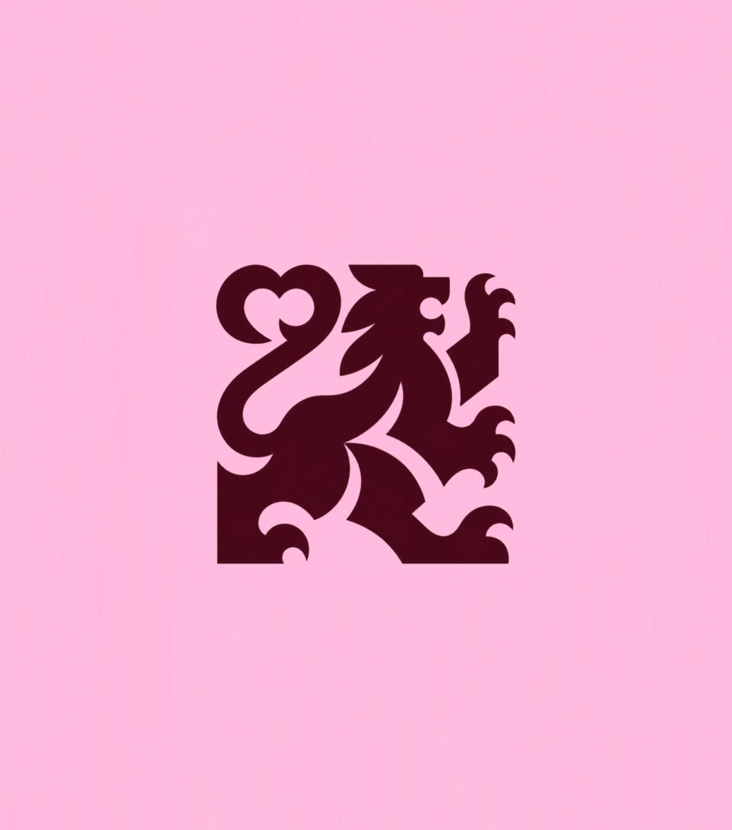 A bold heraldic lion logomark rendered in deep burgundy on soft pin... - Koen
