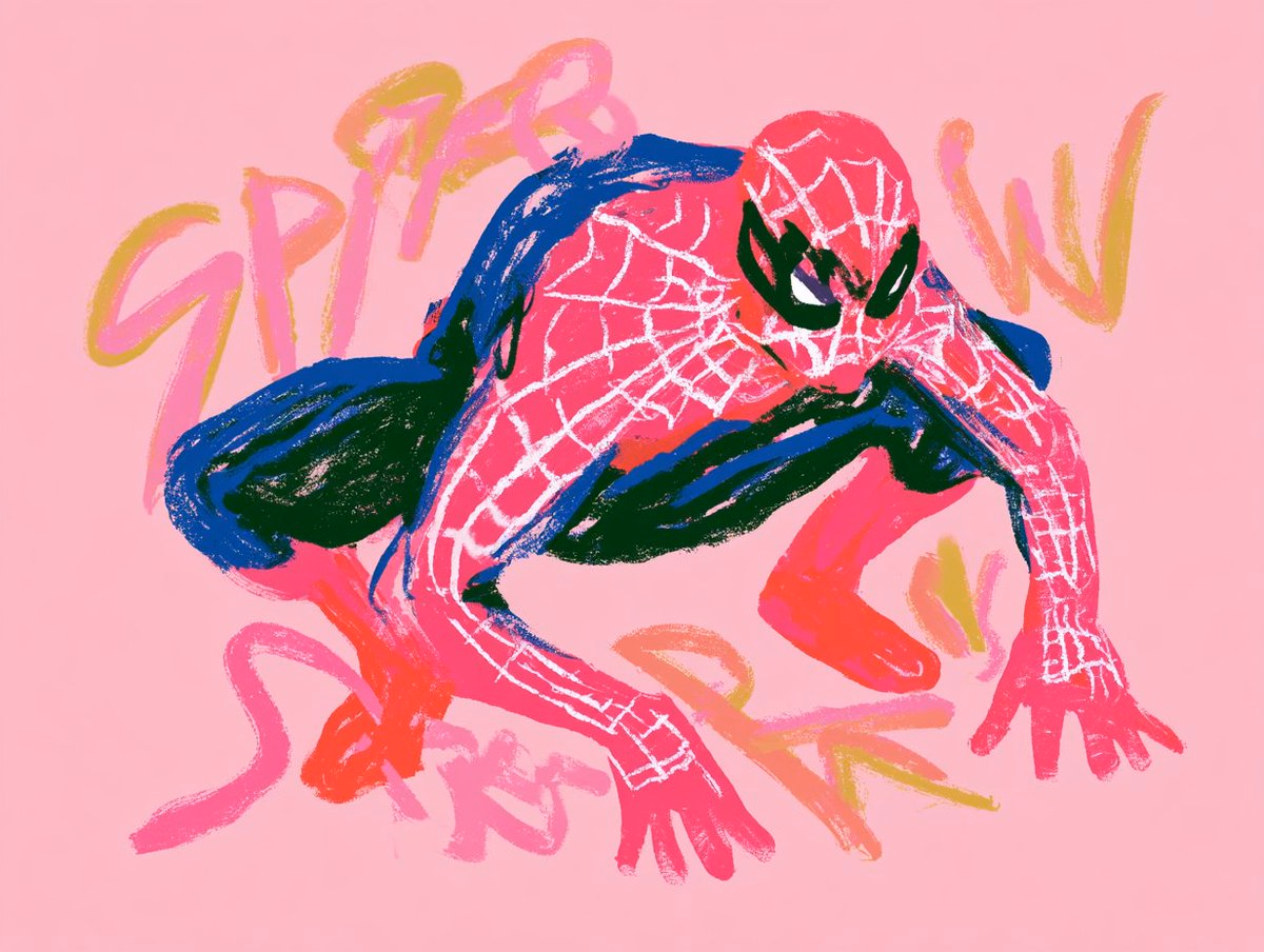 A set of expressive crayon-style Spider-Man illustrations generated... - Sgt Sref - UI design by @sergeantsref on X